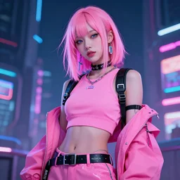 a woman with pink hair wearing a pink outfit, cyberpunk art by minerva j. chapman, trending on cg society, neo - primitivism, anime aesthetic, adafruit, y 2 k aesthetic