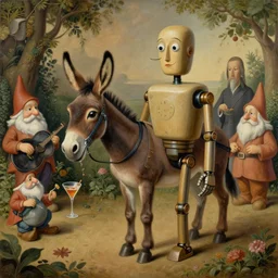 painting of a robot mule, at a gnome garden party, by salvador dali, rene magritte, hieronymus bosch, muted colors, earth tones, music, cocktails, high quality, 8 k