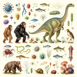 all of evolution as a striking detailed painting, humans, bacteria, invertebrates, chimpanzee, neanderthal, dinosaurs, reptiles, fish, mammals, worms, corals, fungi, bacteria, viruses, animals, plants, flagellates, arachnids, snails, squid, birds, bivalves