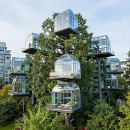 holographic glass tree houses city cluster houses on stilts with a balcony lounges at 2875 adanac.st vanvcouver,british columbia,canada