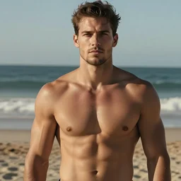 a handsome muscular man at the beach realistic