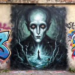 a wall that has some graffiti on it, graffiti art by Derf, instagram contest winner, graffiti, lovecraftian, academic art, artwork