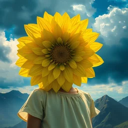 closeup girl with giant yellow dahlia flower face, standing on mountain, surreal photography, blue storm clouds, dramatic light, impressionist painting, digital painting, artstation, simon stalenhag