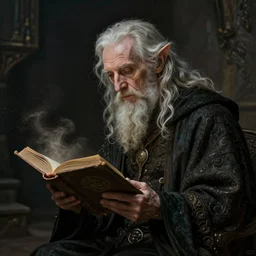 a 1 3 th century, enigmatic, melancholic, fae wizard ( look like ( ( eighty years old christopher lee ) ), is ( ( reading an old book ) ). light dust, magnificent, hyperdetailed, theatrical, painted by philip hermogenes calderon