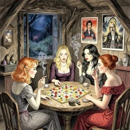 women in the interior of a witches magical cottage, Milo Manara, night time, Margot Robbie, Scarlett Johanson, zoey Deschannel, smoking cigarettes, playing board games, highly detailed, pencil and watercolor, Tarantino movie posters, melancholy, level design, concept art, artstation, cgsociety, zenith view
