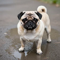pug in a puddle photorealistic