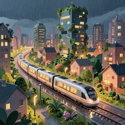 beautiful city in spring with futuristic trains, metro, technology, utopia, houses, skyscraper overgrown with trees and plants. raining at night with light pole illuminate the patch, nice color scheme, warm colour. beautiful artistic digital artwork by artist lurid. ( 2 0 2 2 ), gediminas pranckevicius