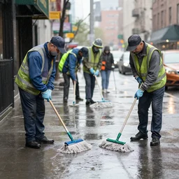 a group of cleaners with mops fighting puddles in rainy new york street