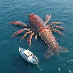 above view photo depicting a small boat in an ocean, giant tardigrade in ocean, unreal engine, thomas kinkade