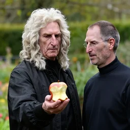 sir isaac newton offering a bitten apple to steve jobs in the garden of eden, hyper realistic, highly detailed, sharp focus, depth of field