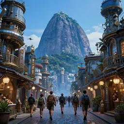 sugarloaf mountain in a steampunk style, travelers walking the streets, 8 k resolution, by hugh ferris and john smith and noriyoshi ohrai, polished, fine detail, intricate, blue color scheme, steampunk style, smooth, octane, concept art, trending on artstation