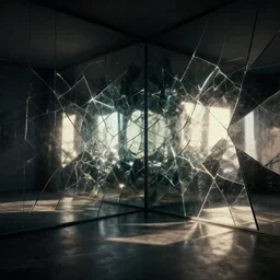 a dimly lit room with walls made of fractured mirrors creates reflected light patterns, photorealistic render, volumetric lighting, ArtStation, Unreal Engine 5, Octane render.