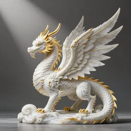 feathered dragon, white marble with gold accents, by ellen jewett