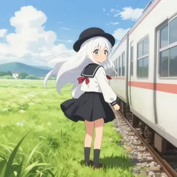 a cute anime girl with long white hair and a round hat wearing a black and white school uniform with a red ribbon standing on the edge of a moving train in the middle of grass fields on a windy and sunny day, art by rimuu, art by fuzichoco, art by ayamy