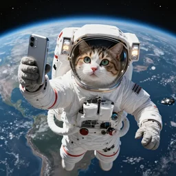 Cat astronaut taking a selfie high above earth 8k hyper realistic