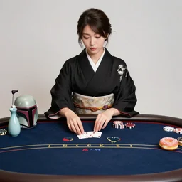 woman in a black japanese kimono, sitting at an extremely detailed poker table with the boba fett, sake, donuts on the table, fireworks and stars on the background, by andy warhol, by roy liechtestein, canvas, acrylic paint, ivory palette, 4 k, ultra - hd