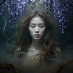 a goddess of wisteria!! standing in a windy murky underwater garden! with a beautiful symmetrical face!!! smooth, sharp focus, cinematic lightning, murky dusty deep, smoky eyes, isolated, studio lighting by artgerm yuri shwedoff and tom bagshaw