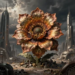 giant grotesque flower in the middle of abandoned alien cityscape, ultradetailed by Giuseppe Arcimboldo and Passarotti