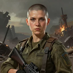 A comic book style portrait painting of a female soldier with shaved head in a post apocalyptic setting, unreal 5, DAZ, hyperrealistic, octane render, RPG portrait, dynamic lighting