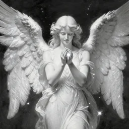 highdetailed hyperrealistic painting of white angel!!! no gender smiling noface!!!, light instead of hands, white sparkles everywhere, 4 k hd face!!!, big silver high detailed wings!!!, renaissance, by jan van eyck, holography space, glow effect, large strokes, monochrome!!!!!, digital painting
