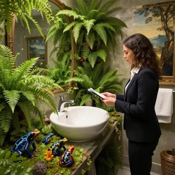 an estate agent photo of a bathroom full of ferns, full of poison dart frogs, unreal engine, renaissance painting