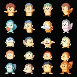 full page scan asset sheet of toho characters sprites on black background, matte painting