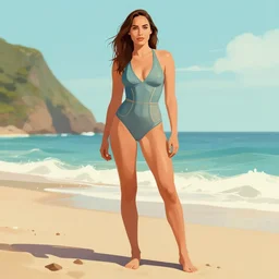 full body illustration of gal gadot on the beach in the style of steve hanks, 4 k, detailed, 1 / 3 headroom, rule of thirds