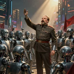 robot revolutionary speaking to a (((crowd of robots))) amid the backdrop of a cyberpunk city in the socialist realist style of lenin speaking to the red army by isaac brodsky