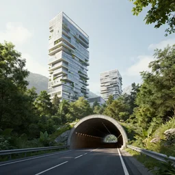 denis villeneuve establishing shot of modern bjarke ingels condo building and gotthard tunnel entrance combined, roads tunnel under bjarke ingels condo building, lush trees environment, ray traced lighting, scifi artstation digital concept art, unreal engine, hyper realism, realistic shading, cinematic composition, blender render, octane render, wide shot