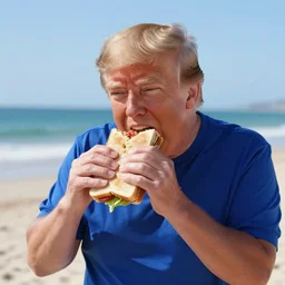 a trump on a beach eating a sandwich