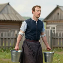 mark zuckerberg in a woman's dress!! carries a bucket of water, russian village, realism, maximum detail, high quality, depth of field, soft light, proportions, composition, classicism painting,