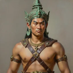 smart tai warlord, closeup portrait, historical hero, ethnic group, khmer costume, khmer art bronze headdress, intricate, with leather armor cross on bare chest, elegant, loin cloth, highly detailed, oil painting, artstation, concept art, matte, sharp focus, illustration, hearthstone, art by earl norem