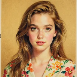 “ amanda seyfried portrait by ikenaga yasunari and ayana otake and ko rakusui, 6 0 s poster, drawing, realistic, sharp focus, japanese, dreamy, nostalgia, faded, golden hues, floral clothes ”