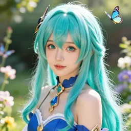 portrait of a cute beautiful young woman, with long turquoise hair, big cute eyes, and a blue dress, realistic shaded perfect face, fine details, in a garden full of flowers and Butterflies, intricate jewelry, genshin impact, realistic anime, backlit, volumetric lighting, strong rim light, subsurface scattering, sharp focus, excellent composition, octane render, trending on artstation, 8k