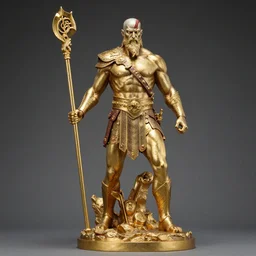 a golden statue of kratos the god of war as rhodes colossus