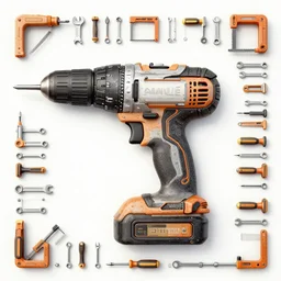 overhead view of lots of stanley tools arranged to make the shape of a large power drill, power tools, saws, knives, spanners, screwdrivers, wrenches, digital illustration