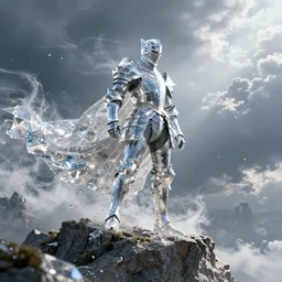 fantasy knight in crystal armor staying on the cliff, strong wind, zudarts lee style, diamond dust, cinematic, wide shot, dramatic light, artstation, unreal engine 5, volumetric light, sharp focus