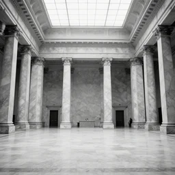 movie still of a big gigantic wide marble hall with high ceiling, cinestill 8 0 0 t black and white, by andrei tarkovsky, heavy grain, high quality, high detail, ultra wide lens, sharpness, flares, anamorphic, foggy, mud, rain