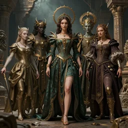 costume design made by other dimension beings, sophisticated composition, old masters light composition, procedurally generated, character posing for concept art, ancient ruins behind, substance designer, PBR, HD, Ultra detailed, hyperrealistic, megascans, volumetric light, concept by master artist, made in paint tool SAI2, trending pixiv face