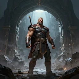 A muscular Asgardian, guarding a great portal in an apocalyptic world, artstation Greg rutkowski, cinematic
