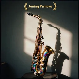 an iridescent saxophone album cover, film photo, soft lighting, nostalgia