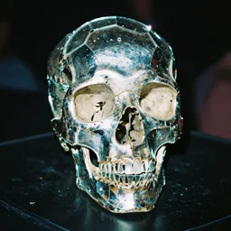 a skull made out of broken mirrors, reflecting light in a nightclub, grainy film still