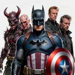 portrait of batman as captain america by hr giger, greg rutkowski, luis royo and wayne barlowe as a diablo, resident evil, dark souls, bloodborne monster : : hyper realistic, ultrarealistic, realism, photoreal, 8 k : :
