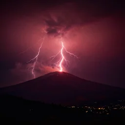 thousands of red lightning strike the mountain, causing a fire, night, 1998 photo