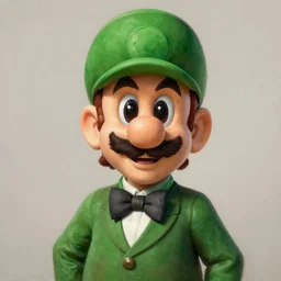 hyper realistic portrait painting, beautifully rendered, dapper fancy luigi wearing a green top hat, green suit and bowtie, smirking deviously, painted by greg rutkowski, wlop, artgerm, dishonored 2