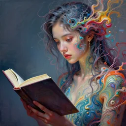 a beautifull girl reading a book, pretty face in intricate detailed color smashing fluid oilpaint, melting wax, thin fractal tendrils, futuristic digital painting, cyberpunk, 8 k, hyper detailed, octane render, concept art, by peter mohrbacher, by wlop, by ruan jia