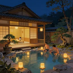 painting of night time intimate traditional onsen by teahouse floating lanterns by craig mullins rutkowski mucha males cozy hot springs bonsai zen garden warm inn traditional japanese architecture concept art fantasy octane raytracing vivid color indirect light artstation