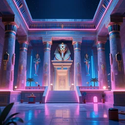 a ancient egypt palace covered with blue and pink neons, retrowave art, trending on art station