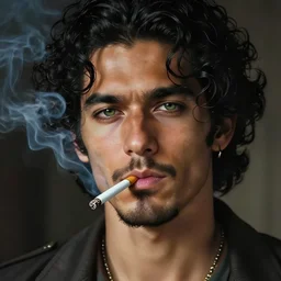 handsome!! hyper realistic man with curly black hair, tan skin, green eyes, anchor goatee, smoking a cigarette | art by hirohiko araki & jean giraud
