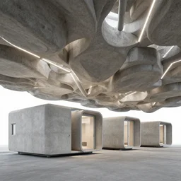 a series of 4 standalone modern concrete cabins connected by a porous, organic canopy made of expanded air filled concrete. tubes of light pass between the layers of the canopy. architectural rendering, perspective image, photorealistic lighting.